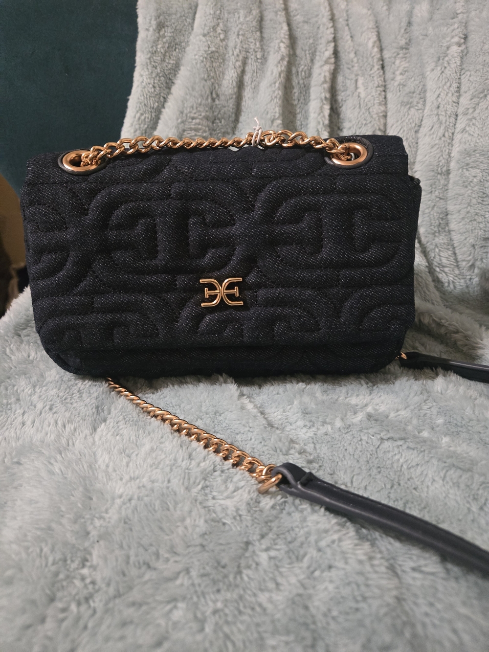 Sam Edelman Dark Blue Denim Quilted Crossbody with Gold Chain
